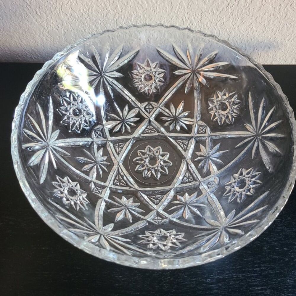 Anchor Hocking EAPC Star of David 11 Clear Pressed Glass Serving Salad Bowl VTG